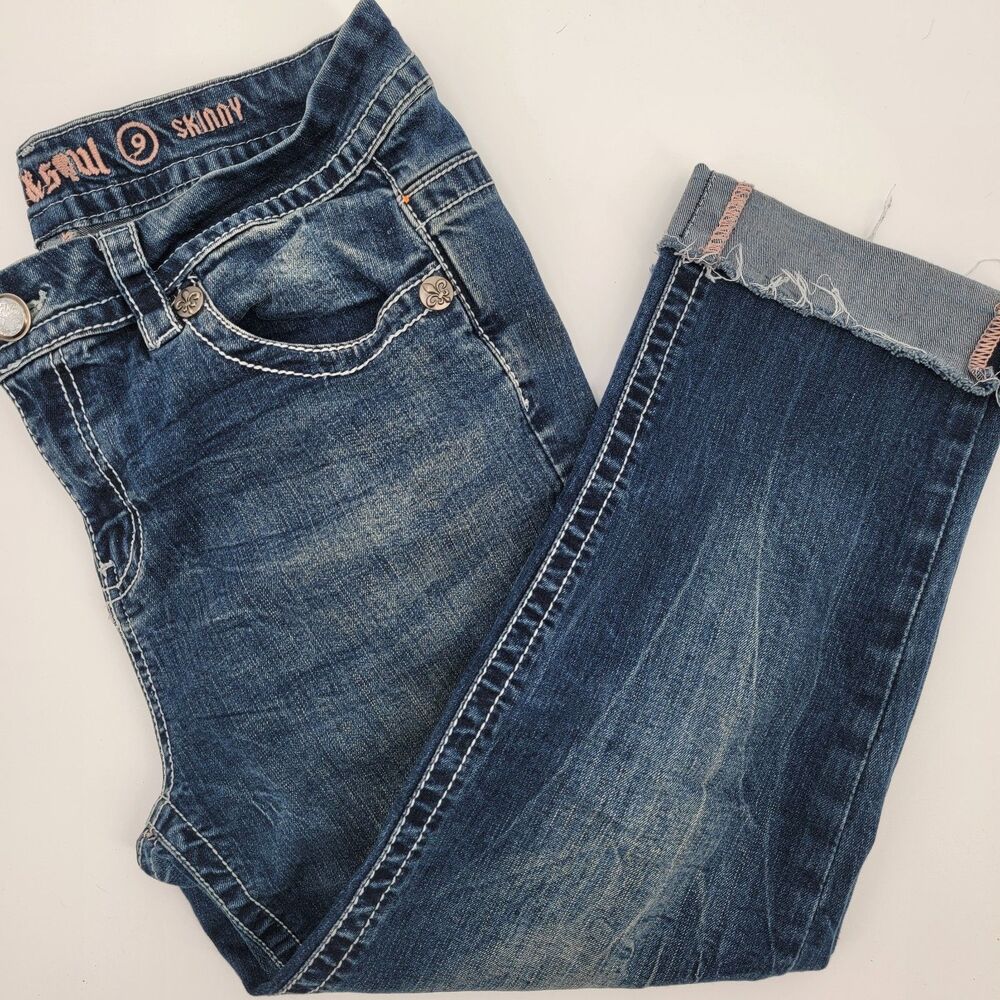 Rebel & Soul Juniors Thick Stitch Distressed Flap Pocket Capri Skinny Jeans 9